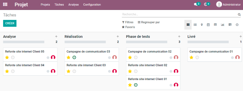 Vue Kanban de la gestion de projet Odoo